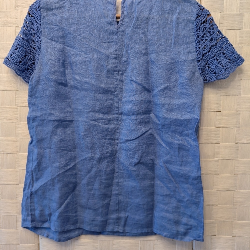 J.Crew Blue 100% Linen‎ Crochet Lace Yoke Short Sleeve Top C3489 Size 0 - Picture 9 of 14